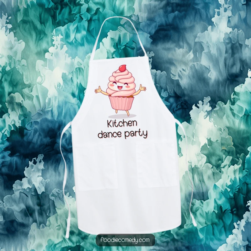 Funny apron with a delighted cupcake hilariously performing a whimsical folk dance, adding sweet kitchen cheer.