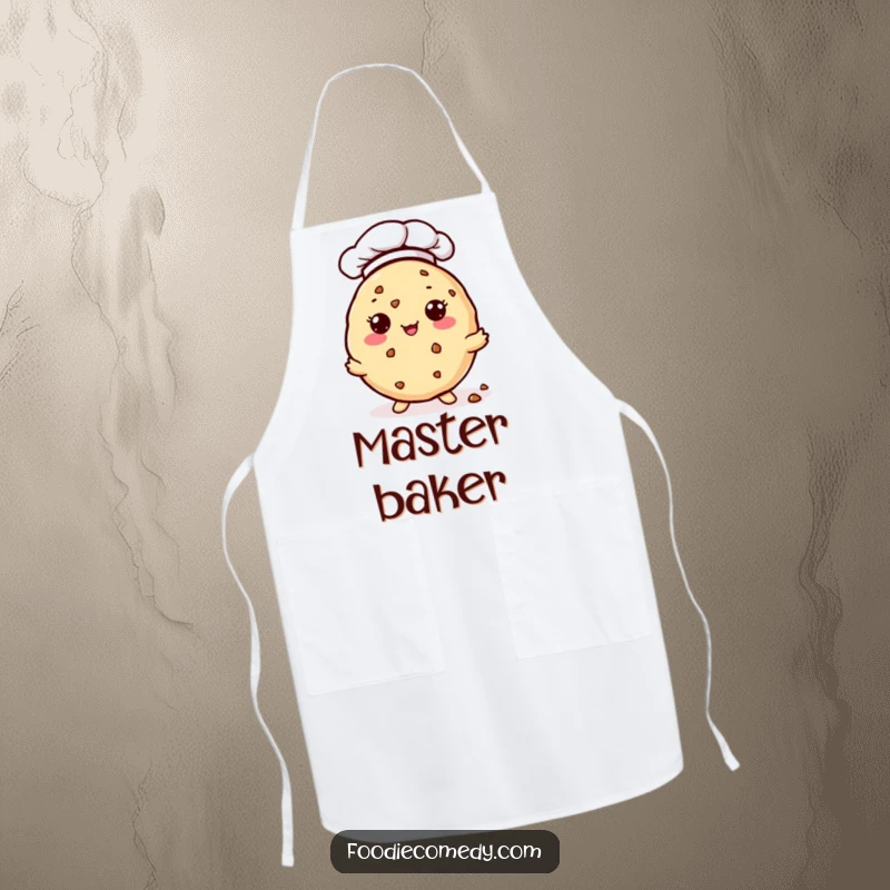 Funny Apron: A kawaii cookie in a chef hat generously offers tiny crumbs. A humorous and practical kitchen accessory.