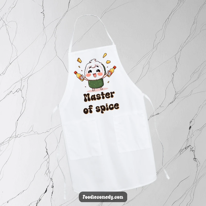 Funny sushi character enthusiastically juggling spicy mayo bottles, a kitchen apron designed with a culinary performer for kitchen flair.