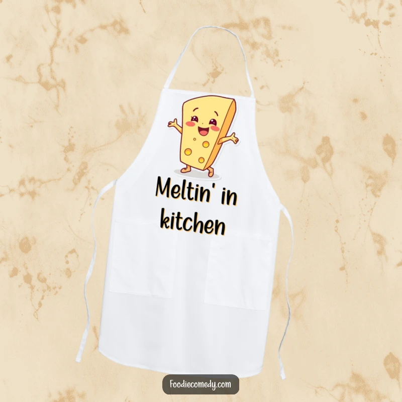 Funny cheese wedge character breakdancing on an apron, making kitchen duties a fun and humorous performance.