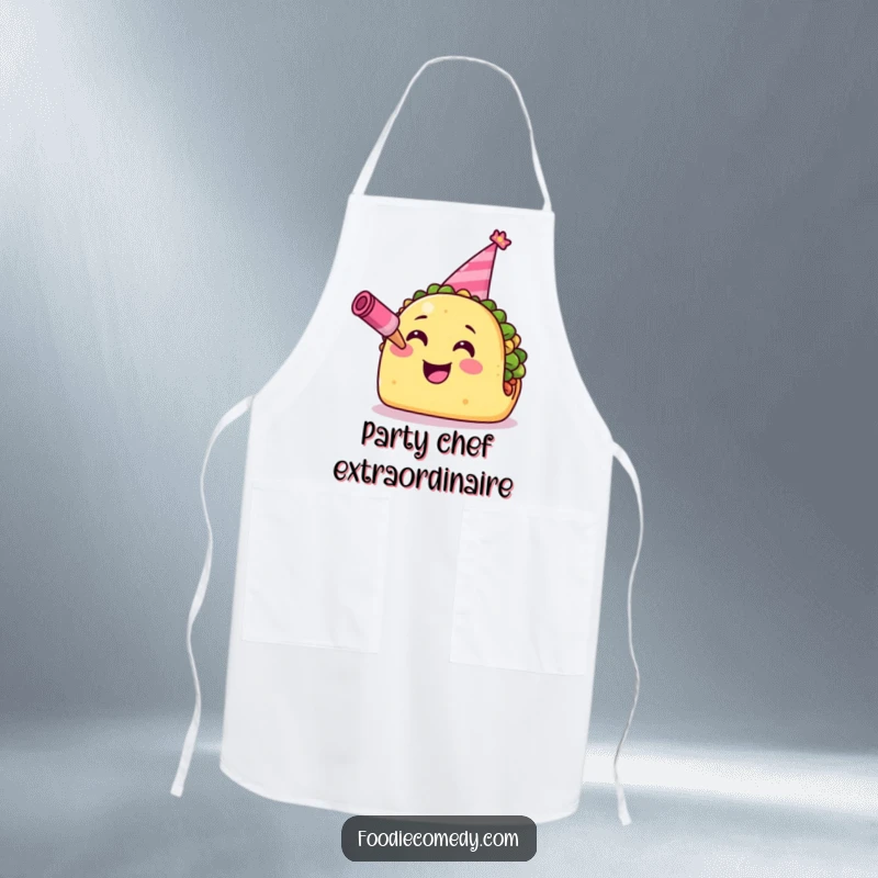 Funny Taco Apron: A smiling taco wearing a party hat and blowing a horn, ready to add fun to any cooking session.