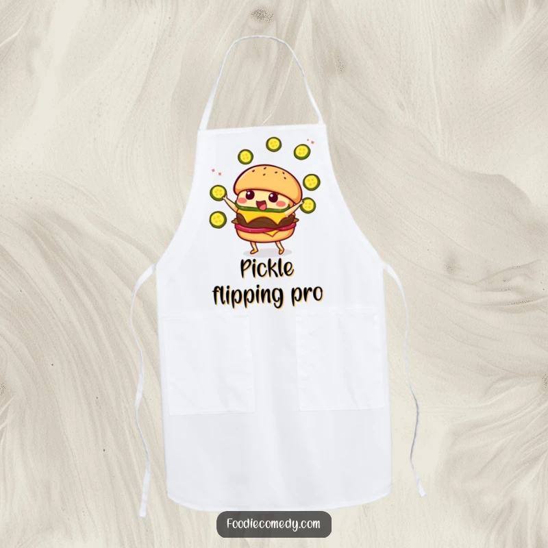 Funny Burger Juggling Apron: A kawaii burger character humorously juggling pickle slices, designed for kitchen fun.