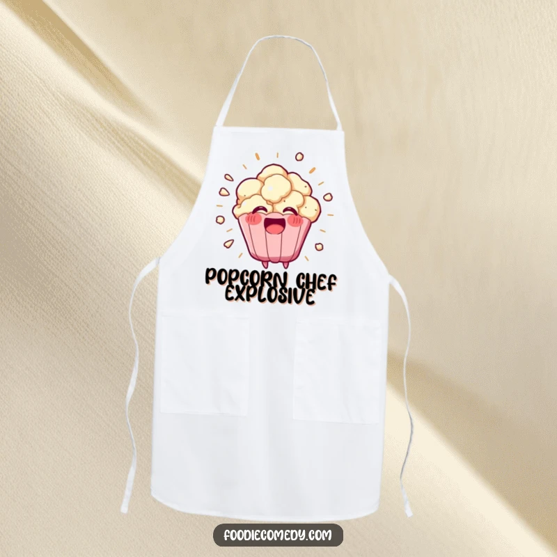 Funny kawaii popcorn kernel exploding with a happy burst on this kitchen apron, a humorous and practical cooking accessory.