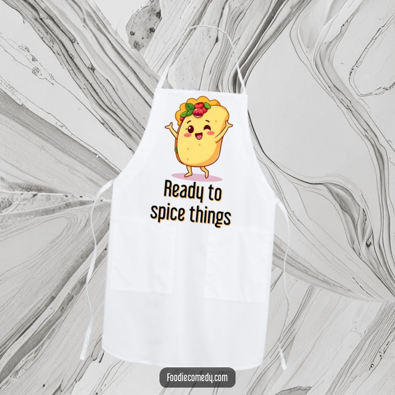 Funny apron featuring a jubilant taco character executing flawless salsa dance steps, ready for kitchen adventures.