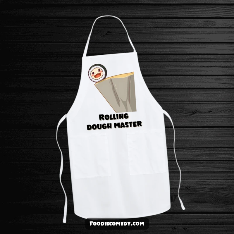 Funny apron showing a smiling sushi roll with dot eyes happily rolling off a cliff edge, ready for kitchen adventures.