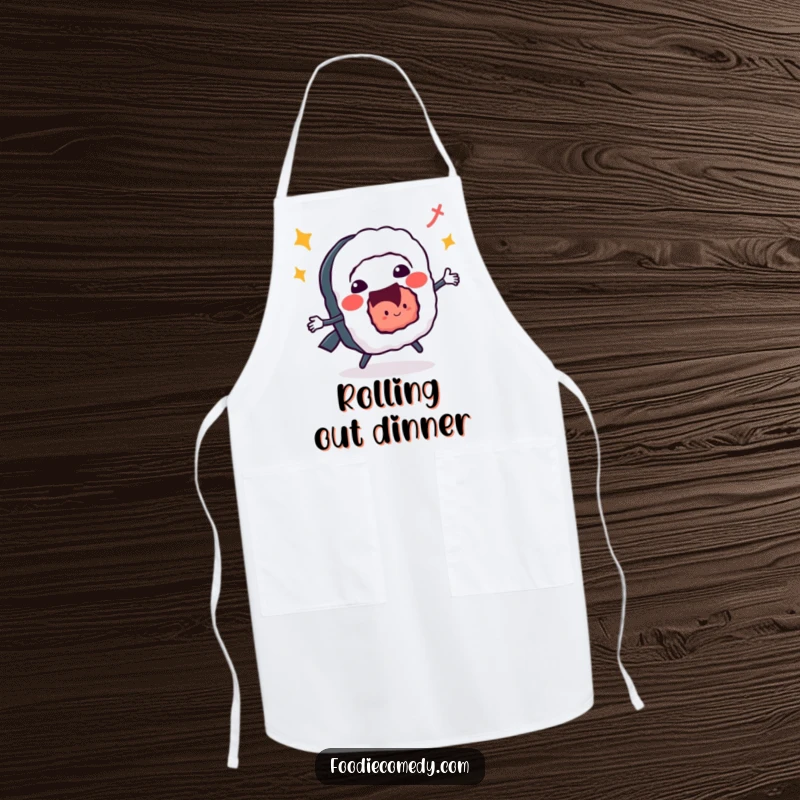 Funny sushi roll apron doing a lively jitterbug dance, adding a touch of playful energy to culinary tasks.