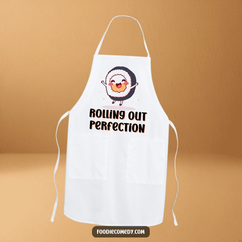Funny apron featuring a joyful sushi roll performing a ballet spin, designed for the graceful home cook.