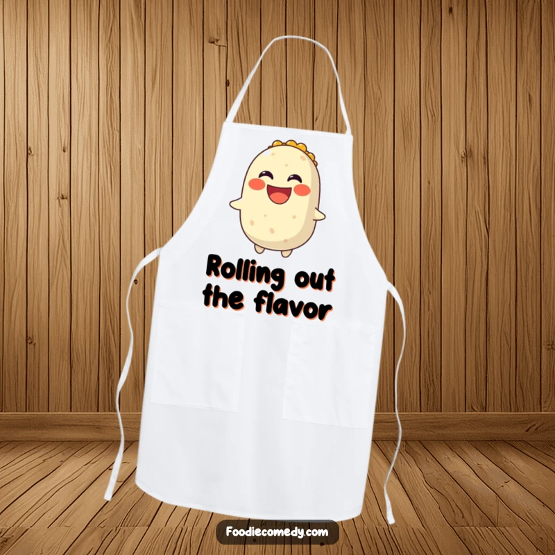 Funny apron showing a smiling burrito spinning with a wide, joyful grin, great for cooks.