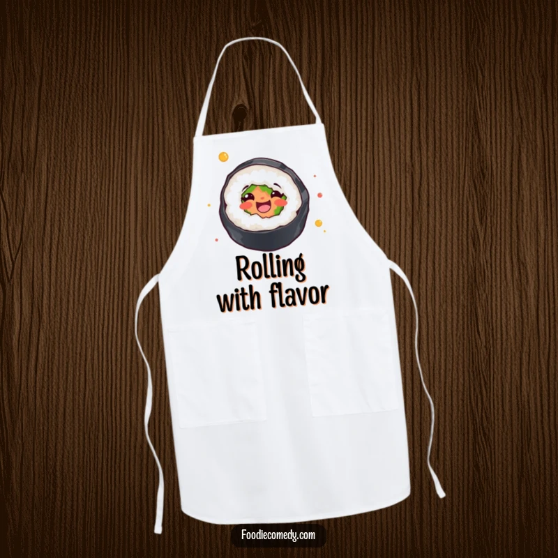 Funny apron featuring a sushi roll joyfully twirling, making cooking or serving food a humorous and delightful experience.