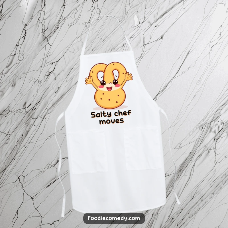 Funny pretzel apron showing a joyful pretzel with arms boogying with enthusiasm, ideal for kitchen humor.