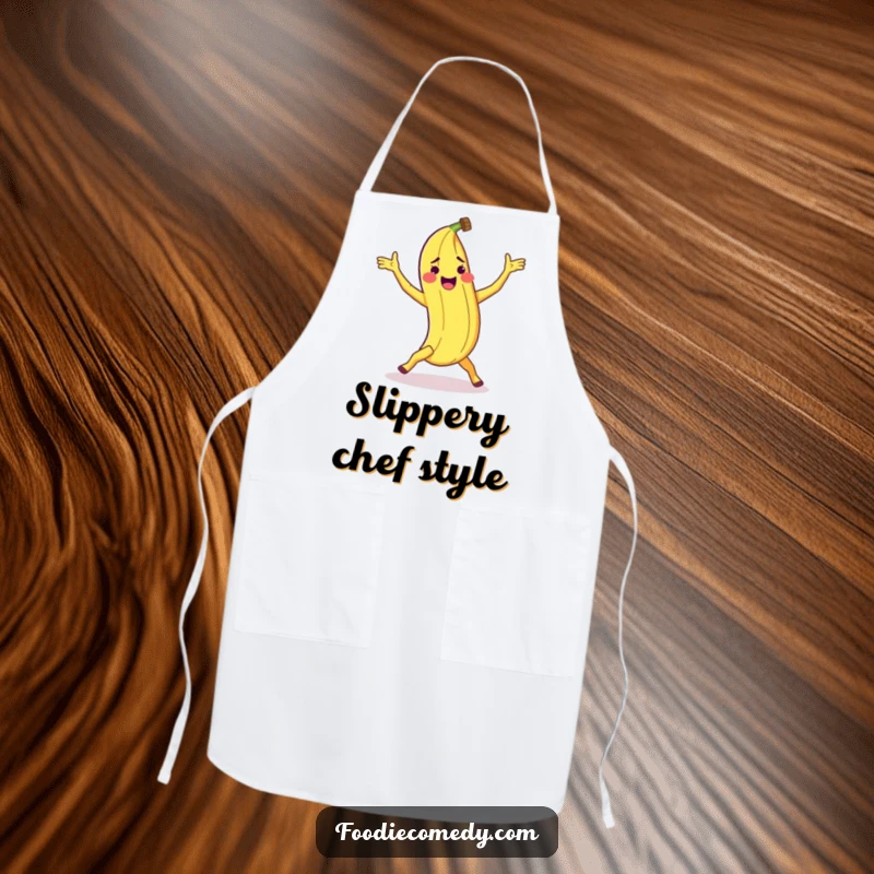 Funny banana peel apron showing a peel doing a clumsy breakdance move, perfect for cooking and fun.