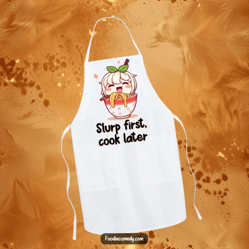Funny Apron: A happy cup of noodles character slurps noodles with enthusiasm, providing kitchen protection with a humorous food theme.