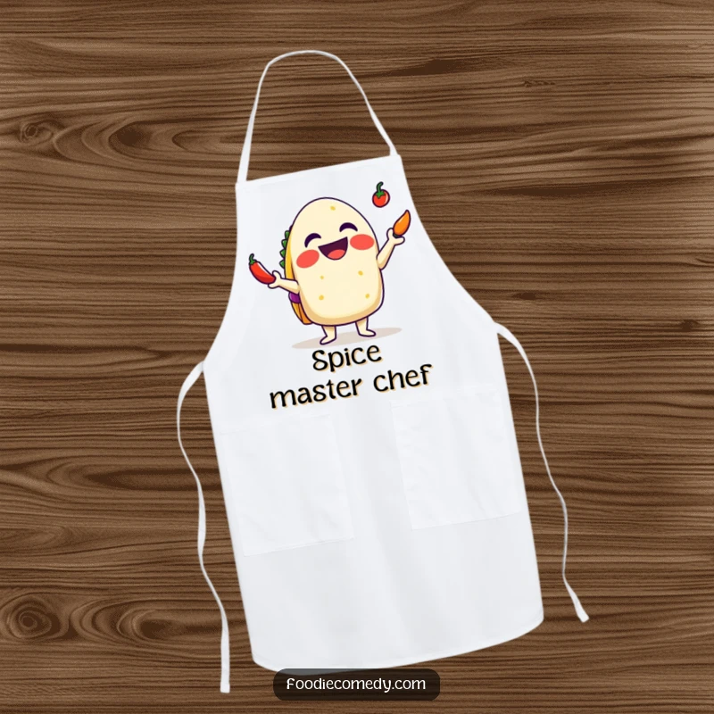 Funny Taco Apron: A delighted taco with a big grin juggling tiny chilis, perfect for humorous spicy cooking.
