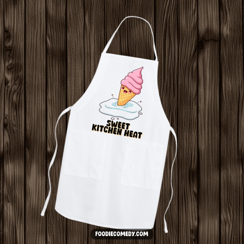 Funny gleeful ice cream cone sliding across a frozen surface, on a kitchen apron, a humorous dessert gift.