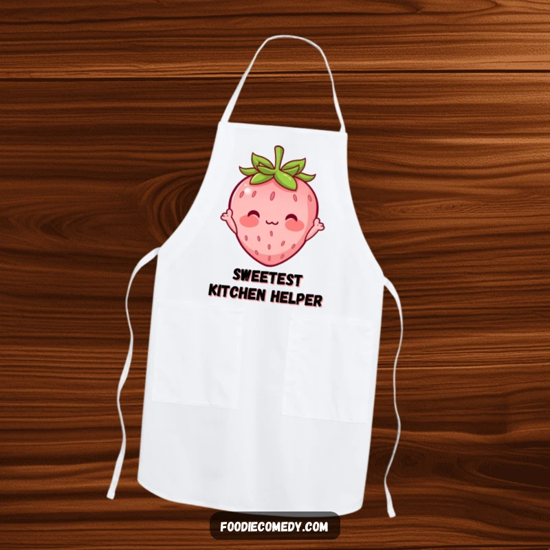 Funny apron featuring a blushing strawberry character waving shyly, perfect for kitchen tasks with a side of adorable bashfulness.
