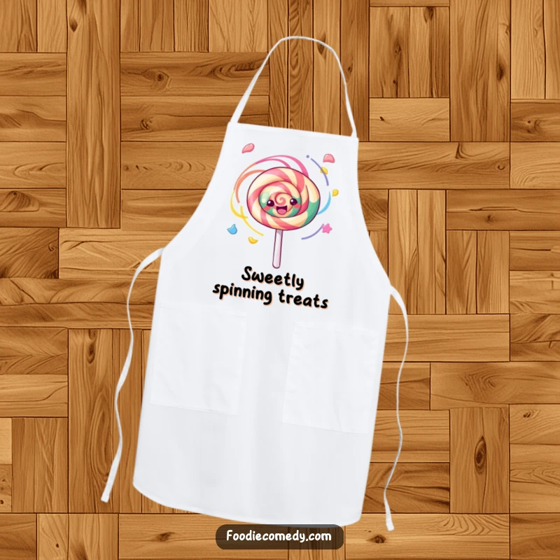 Funny kawaii lollipop spinning with colorful swirls on this kitchen apron, a sweet and humorous cooking accessory.
