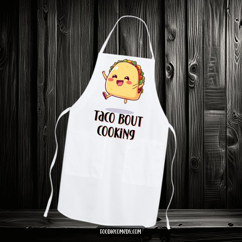 Funny apron showing a cheerful taco with small, stubby legs jumping in the air, ready for culinary fiesta fun.