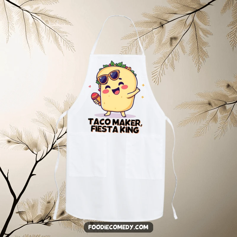 Funny apron showing a groovy taco dancing and shaking tiny maracas.