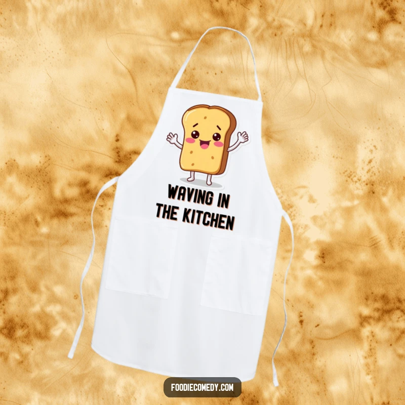 Funny apron designed with a bread loaf character waving hello, bringing a friendly and humorous touch to cooking and baking. An ideal funny kitchen gift.