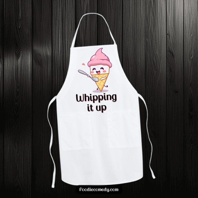 Funny Apron: A giggling kawaii ice cream cone playfully evades a chasing spoon. A humorous and practical kitchen accessory.