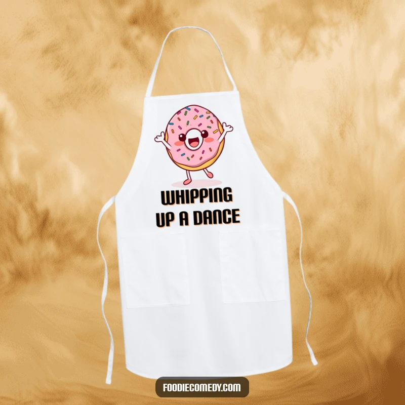 Funny Donut Apron: A happy donut character with sprinkles dances, ready for kitchen fun.