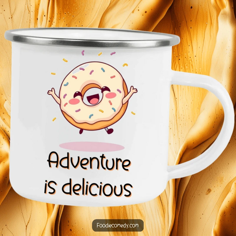 Funny camping mug featuring a joyful, leaping donut with sprinkles, great for outdoor treats.