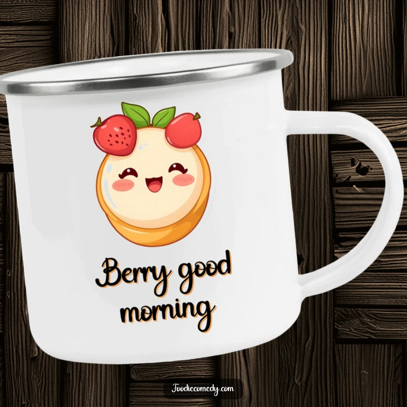 Funny fruit tart camping mug, a cute dessert character blushing happily, perfect for sweet sips outdoors.