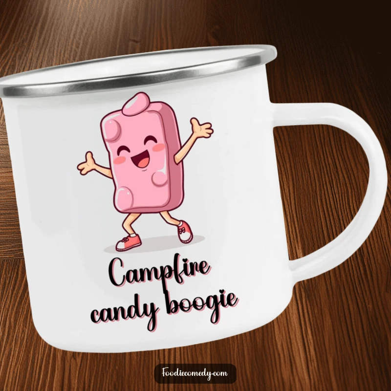 Funny camping mug featuring a candy in a dynamic breakdance move, perfect for enjoying beverages during energetic outdoor adventures.