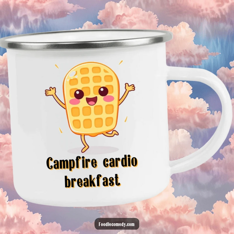 Funny Happy Waffle Camping Mug: A waffle doing aerobics brings energetic and humorous vibes to the campsite.