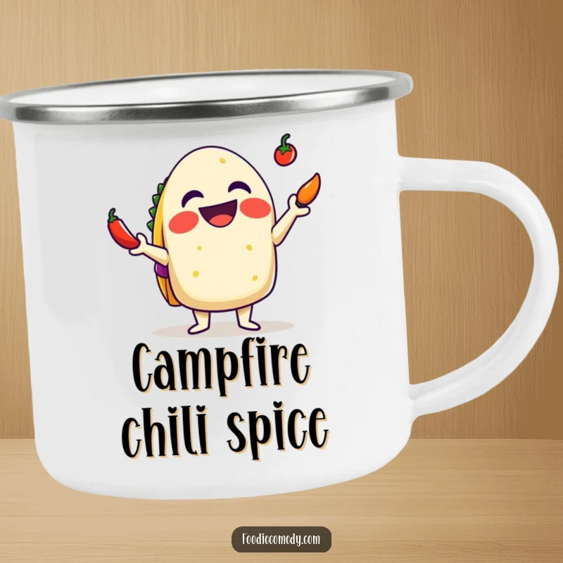 Funny Taco Camping Mug: A delighted taco juggling tiny chilis with a big grin, perfect for humorous outdoor fiesta moments.
