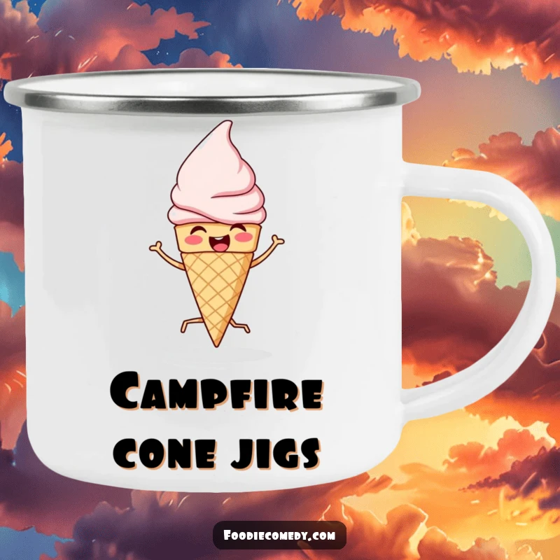 Funny camping mug featuring an ice cream cone doing a lively jig, perfect for enjoying drinks outdoors with a humorous dessert theme.