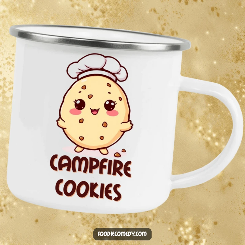 Funny Camping Mug: A kawaii cookie in a chef hat generously offers tiny crumbs. A humorous and durable outdoor cup.