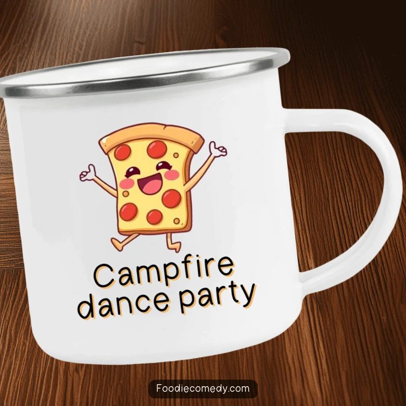 Funny enamel camping mug featuring a pizza slice with legs kicking joyfully, perfect for outdoor beverages and energetic vibes.