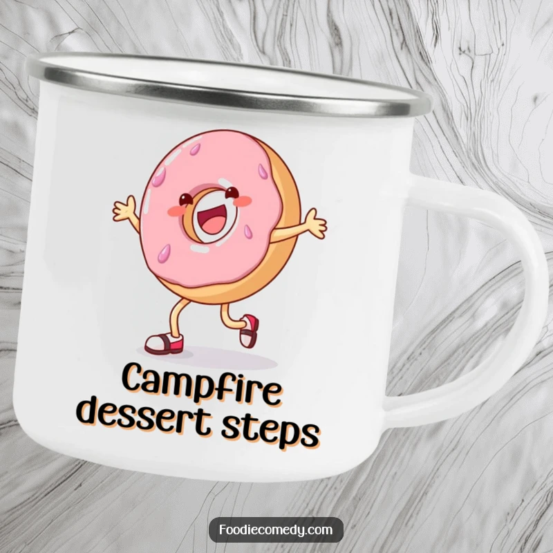 Funny donut tap dance camping mug, cheerful donut dancing, durable and portable for outdoor use.