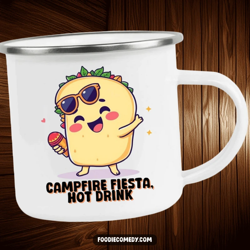 Funny camping mug with a groovy taco dancing and shaking tiny maracas.