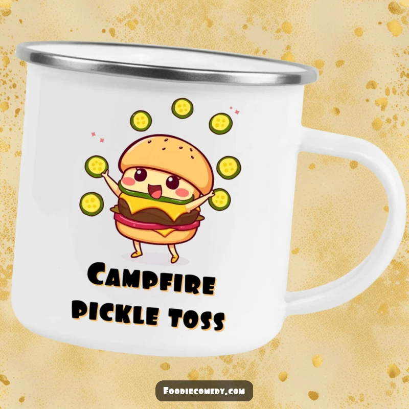 Funny Burger Juggling Camping Mug: A kawaii burger character juggling pickle slices, perfect for outdoor culinary humor.