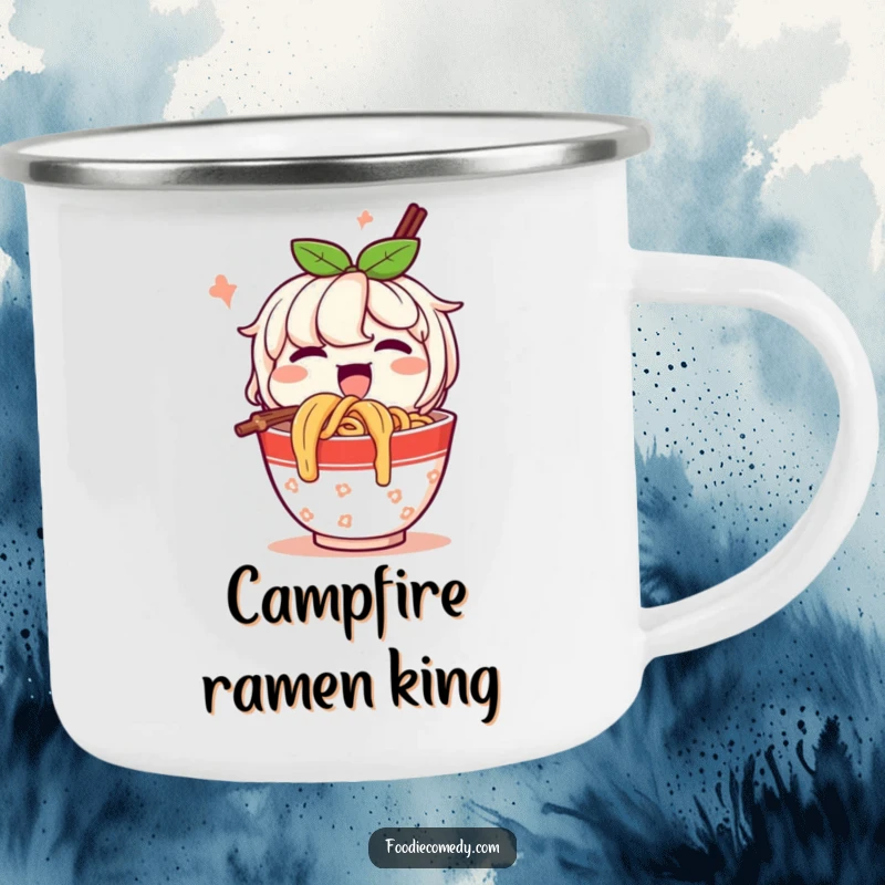 Funny Camping Mug: A happy cup of noodles character slurps noodles with gusto, perfect for enjoying meals in the great outdoors.
