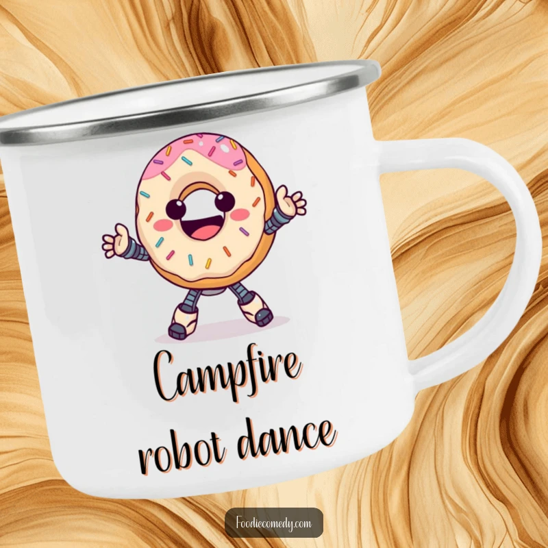 Funny donut camping mug, happy with sprinkles, doing a groovy robot dance, for outdoor sweet adventures.