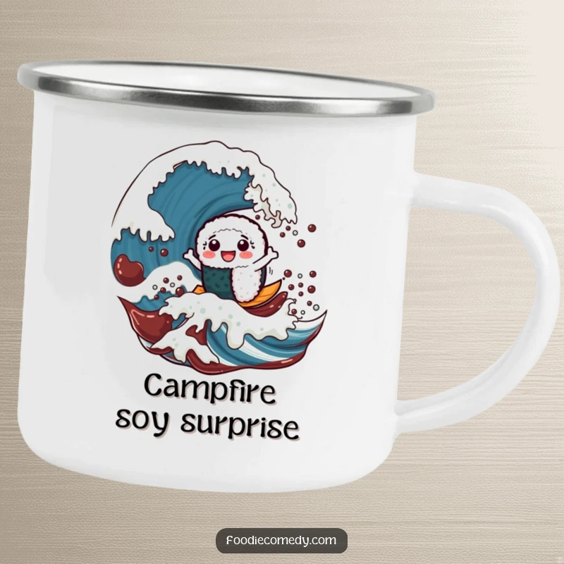Funny camping mug with a cheerful sushi roll character riding a giant soy sauce wave, ideal for outdoor coffee.