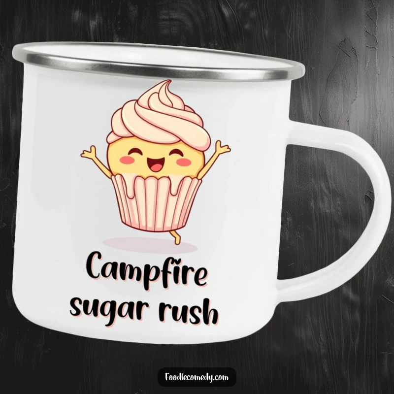 Funny Cupcake Camping Mug: A cheerful cupcake with dripping frosting doing a joyful jig, perfect for sweet outdoor moments.