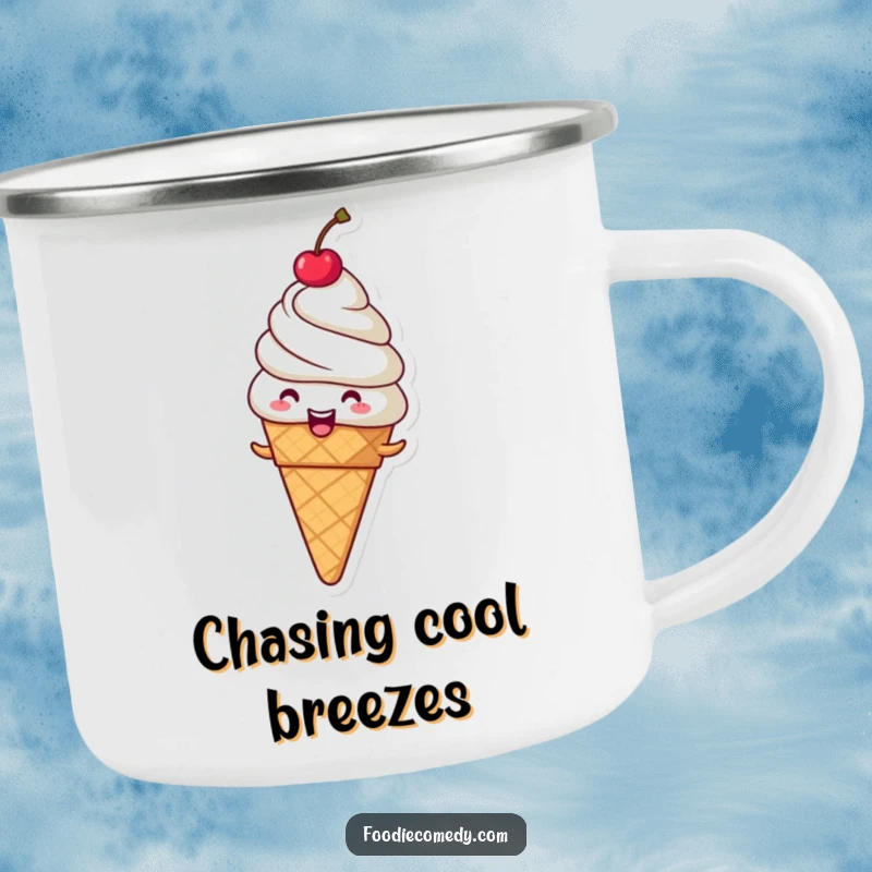 Funny giggling ice cream cone camping mug, a spinning dessert character for sweet outdoor enjoyment.