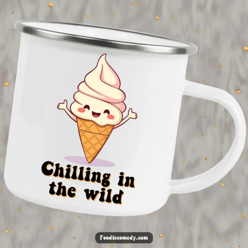 Funny camping mug depicting a happy ice cream cone character doing a cheerful boogie dance, perfect for outdoor enjoyment.
