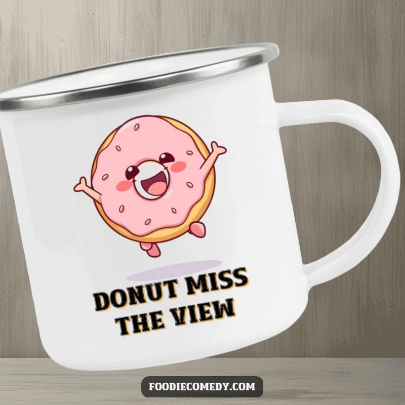 Funny camping mug depicting a gleeful donut character performing a fun jump, perfect for enjoying beverages outdoors.