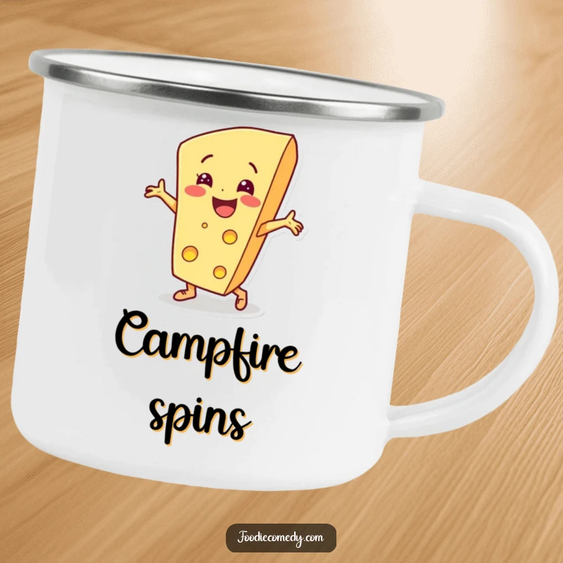 Funny cheese wedge character breakdancing on a camping mug, perfect for outdoor fun and cheesy humor.