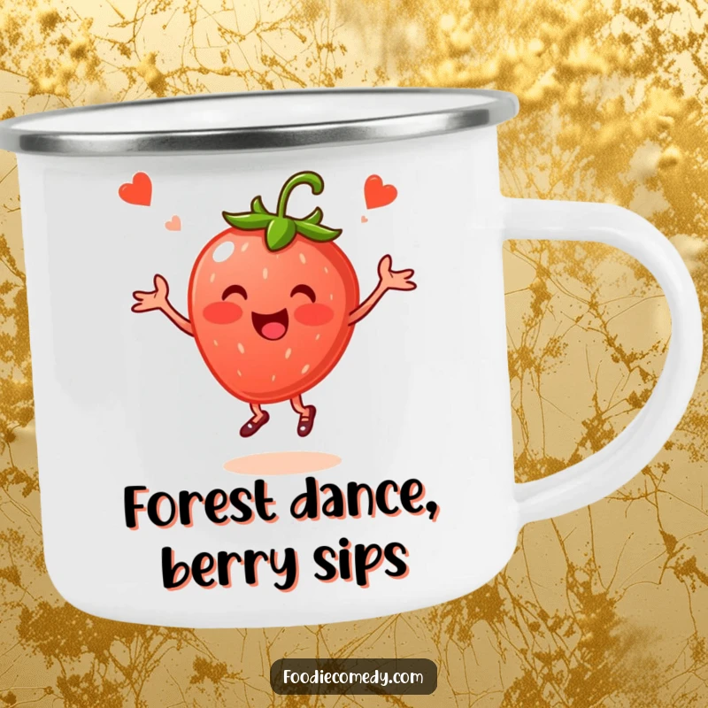 Funny Strawberry Folk Dance Camping Mug: A strawberry dancing folk brings playful and humorous vibes to the outdoors.