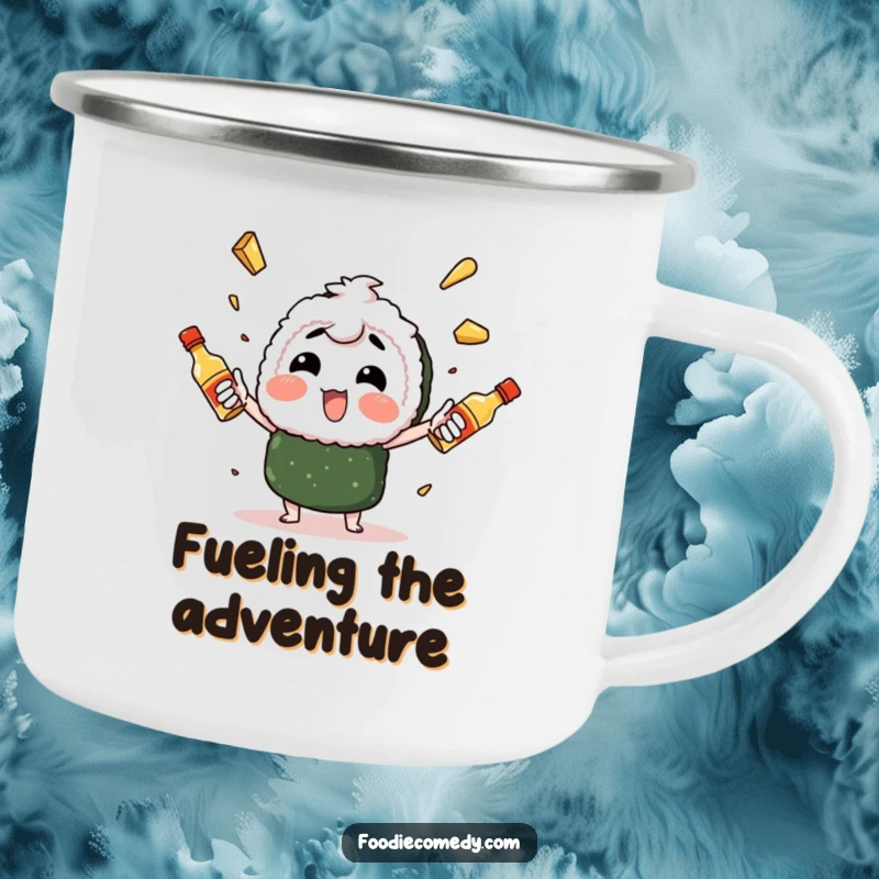 Funny sushi character enthusiastically juggling spicy mayo bottles, a camping mug designed with a culinary performer for outdoor enjoyment.