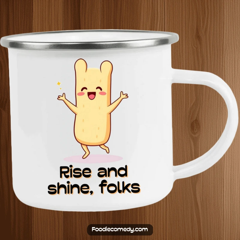 Funny camping mug, a baguette doing a lively Charleston dance, perfect for outdoor brews and vintage vibes.