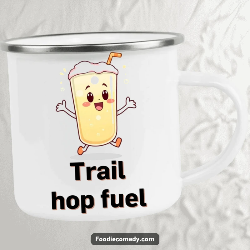 Funny camping mug featuring a bubbly drink doing a joyful little hop, perfect for enjoying drinks during outdoor adventures.