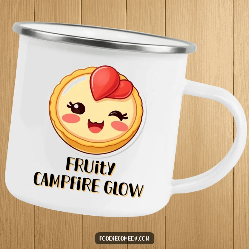 Funny blushing fruit tart camping mug, a delighted dessert character for sweet outdoor enjoyment.