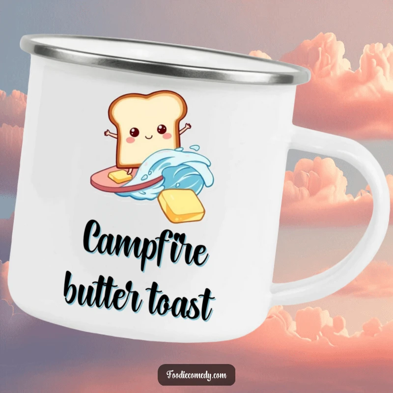 Funny Bread Camping Mug: A playful bread slice surfing on a butter wave, perfect for humorous outdoor breakfast moments.